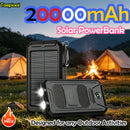 Solar Power Bank 20000mAh Portable Charging Poverbank External Battery Charger Strong Light LDE Light for All Smartphones